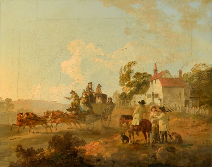 Julius Caesar Ibbetson - A Landscape with Travellers in a Horse Drawn Carriage and Figures Conversing by a Track | MasterArt